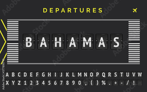 Analog scoreboard with airport runway markup style vector banner with Bagamas as destination. Flight flip font with airplane icon illustration