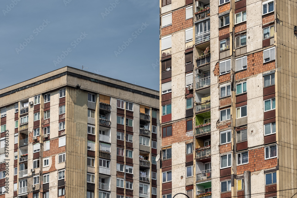 Residential buildings in Sarajevo with bullet holes and marks of the war in Sarajevo, BiH