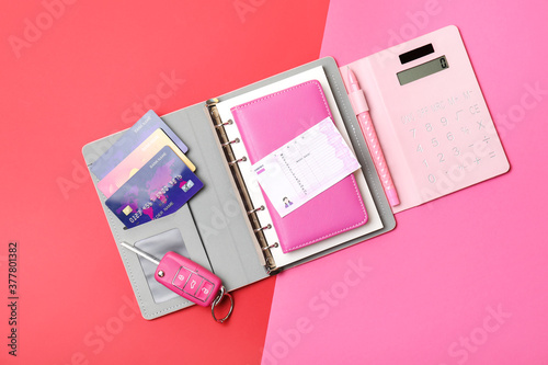 Travel organizer with different things on color background