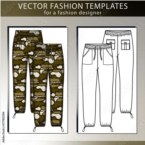 Pants fashion flat sketch template, cargo pant front and back .