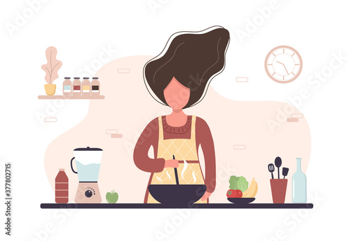 Woman cooking in kitchen. Girl preparing homemade meals for lunch or dinner. Preparation homemade pastry or baking. Flat cartoon vector illustration.