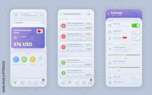 Online banking neomorphic interface vector design for responsive mobile application or website app. UI, UX or GUI user interface templates of wallet, payment card, transaction and setting screens