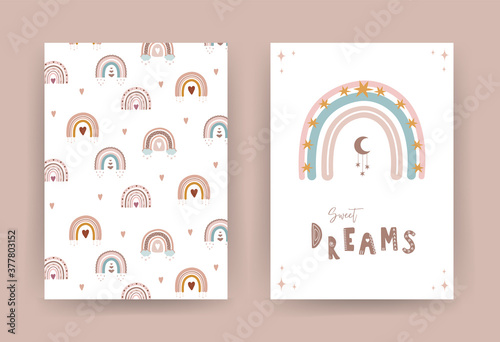 Trendy rainbow in boho style in different color. Sweet dreams. Children illustrations for poster or post card. Doodle art element. Modern vector illustration.
