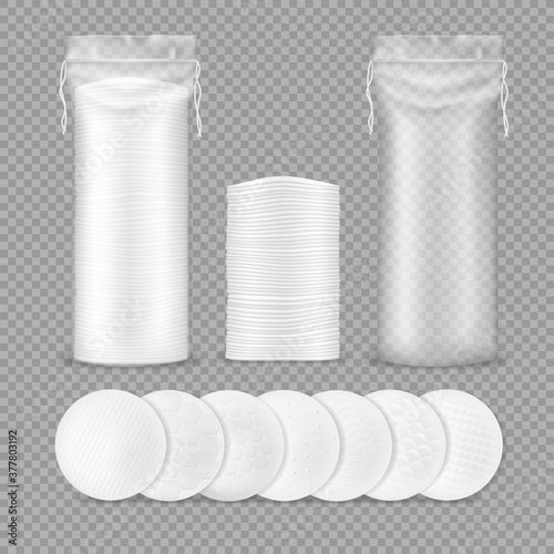 Cotton pads realistic mockup with vector isolated makeup remover round sponges and transparent plastic drawstring bags, 3d cotton discs with different textures for cosmetics, medicine and hygiene