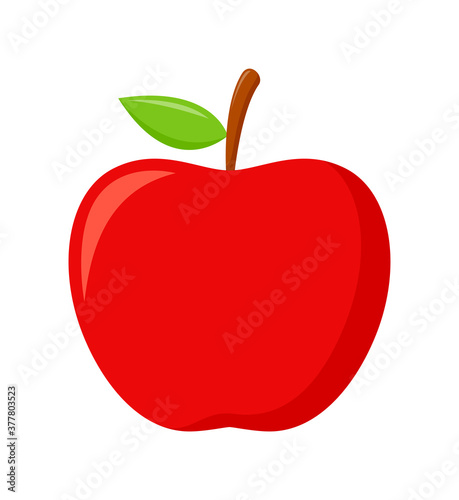 Red apple with green leaves isolated on white background, flat design, fruit vector illustration