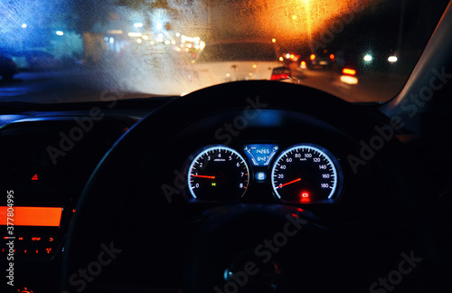 Looking through the windshield on a foggy night