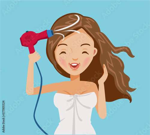 Girl is blowing her hair with a hair dryer. Cartoon teenager hair care set and care. Vector illustration isolated on blue background.