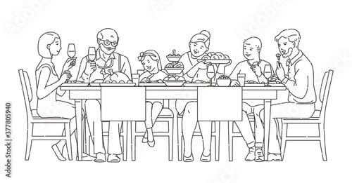 Family having dinner together  vector illustration in black line style isolated.