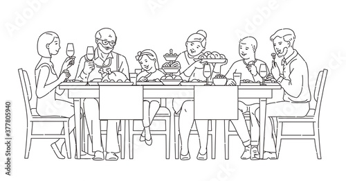 Family having dinner together, vector illustration in black line style isolated.