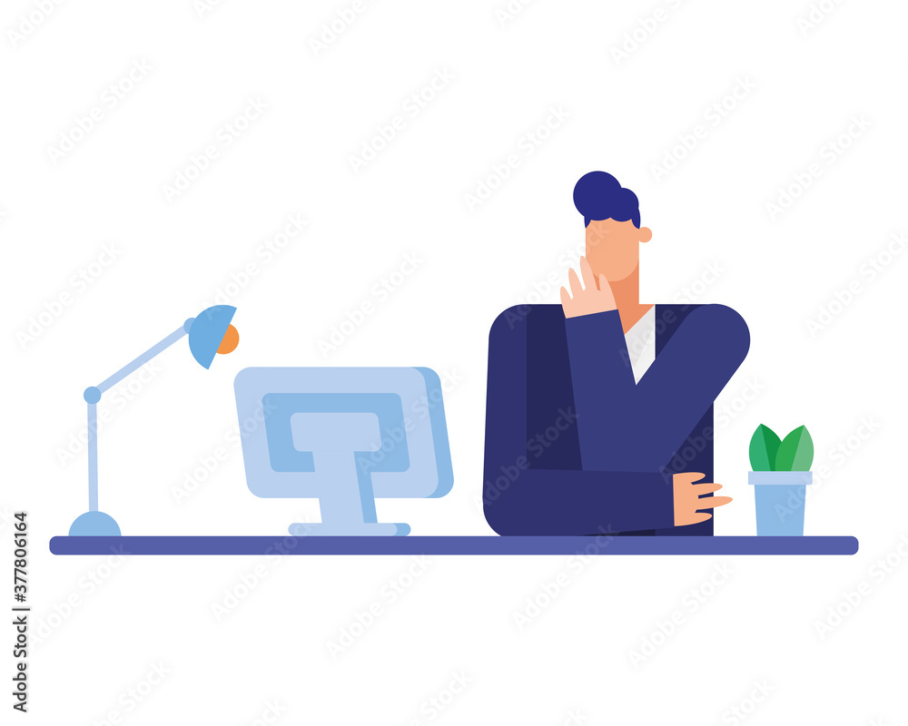 Isolated businessman cartoon with computer at desk vector design