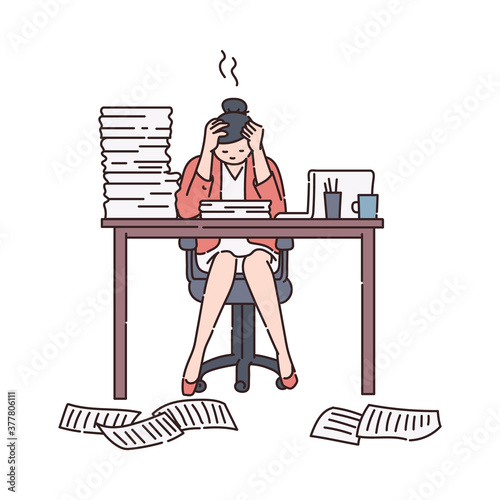 Woman in office chaos and stressful deadline sketch vector illustration isolated.