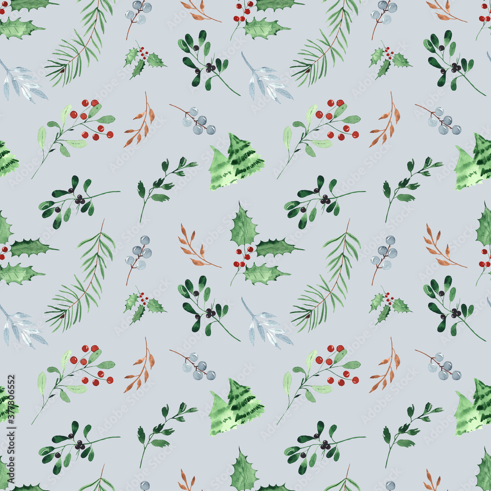 Watercolor hand painted winter seamless pattern with cute snowmen, Christmas tree, garland, Christmas balls, gifts, branches, berries, twigs.
