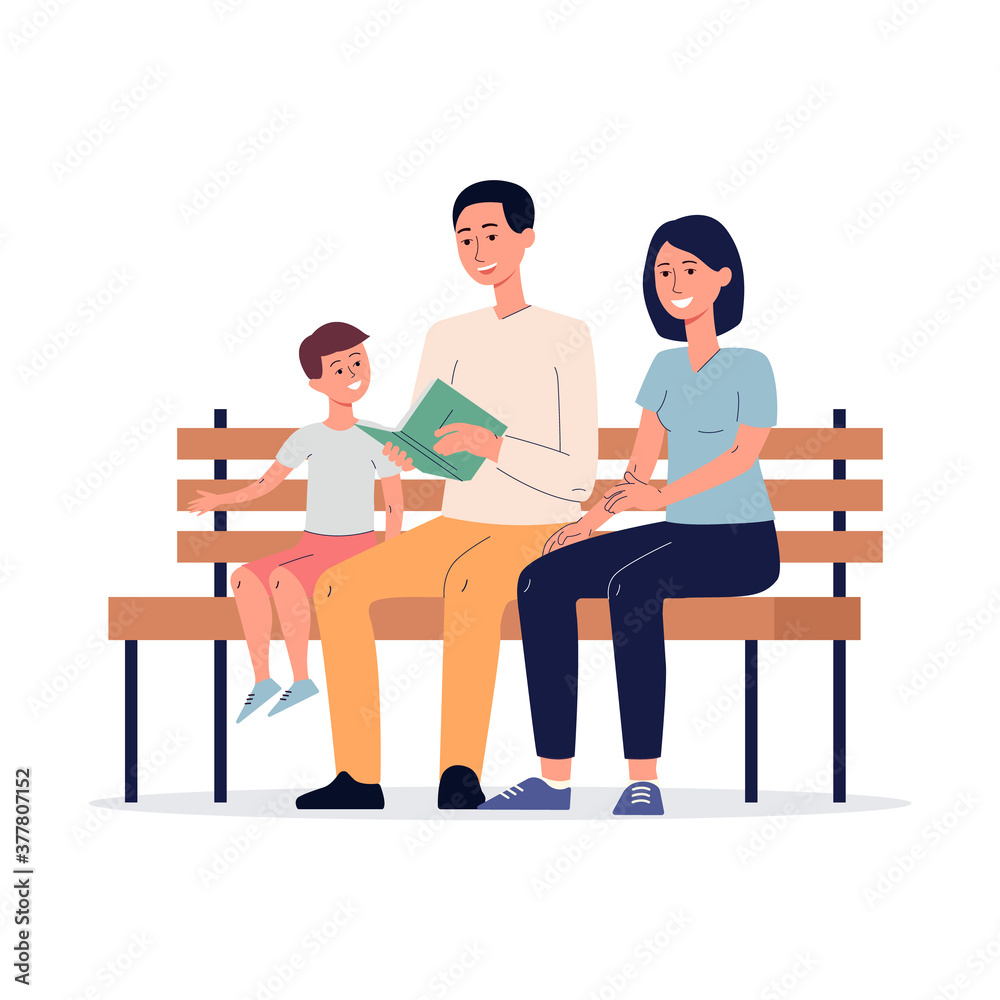 Family with child reading book together flat vector illustration isolated.