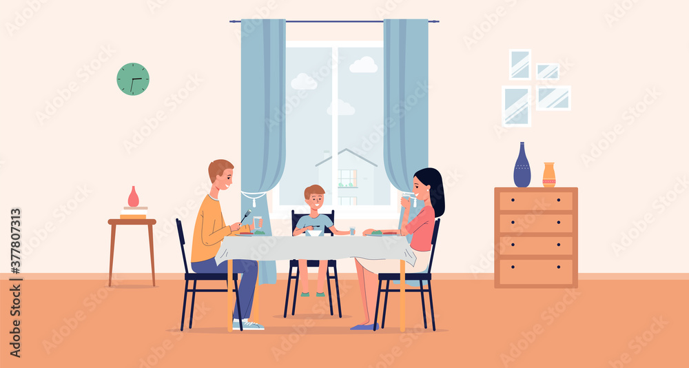 Family couple with child eating together in interior flat vector illustration. Family couple with child eating together in interior flat vector illustration.