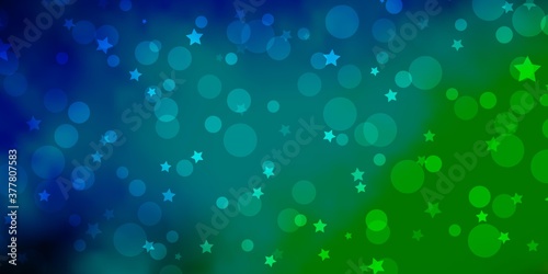 Light Blue, Green vector layout with circles, stars. Colorful illustration with gradient dots, stars. Design for wallpaper, fabric makers.