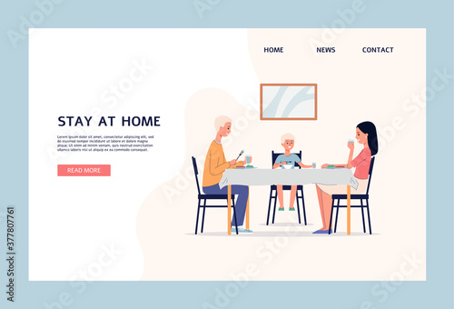 Stay at home website with family dining at home flat vector illustration.