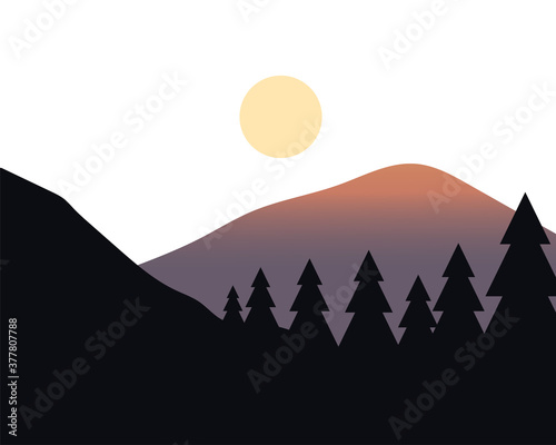 pine trees and sun over mountain landscape vector design