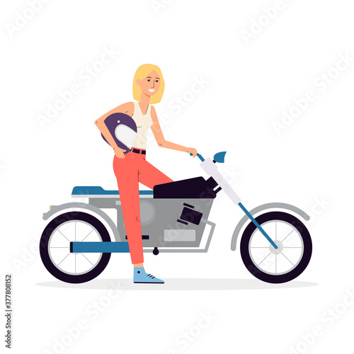 Woman or girl with helmet and motorcycle flat vector illustration isolated.