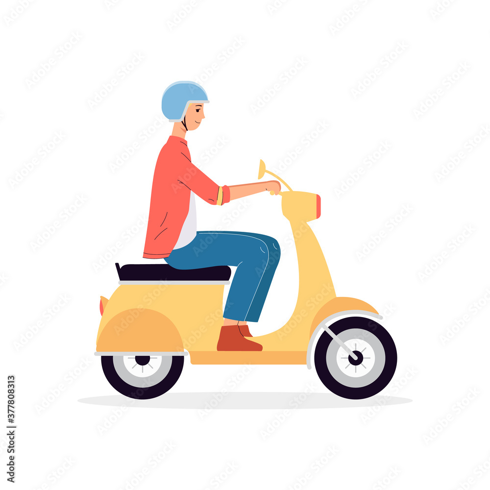 Man riding motorcycle or motor scooter, flat vector illustration isolated. Man riding motorcycle or motor scooter, flat vector illustration isolated.