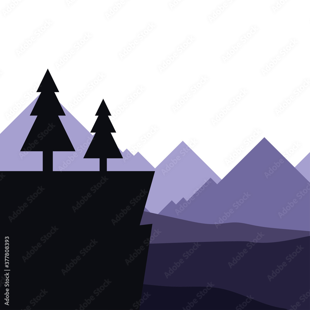 pine trees on cliff in front of mountains landscape vector design pine trees on cliff in front of mountains landscape vector design