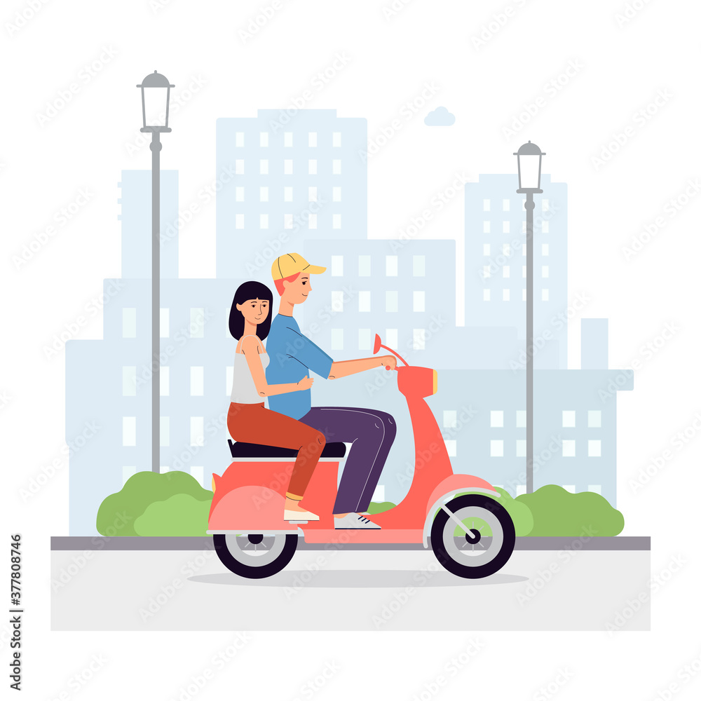 Loving couple riding motorcycle in city, flat vector illustration isolated.