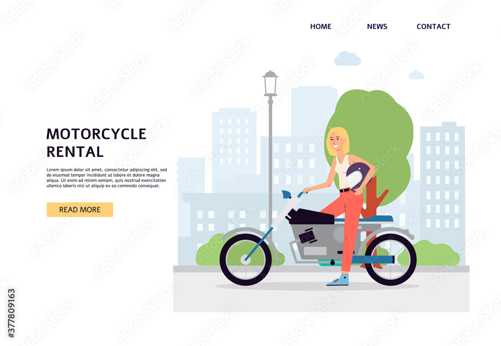 Web page interface for motorcycle rental with cyclist flat vector illustration.