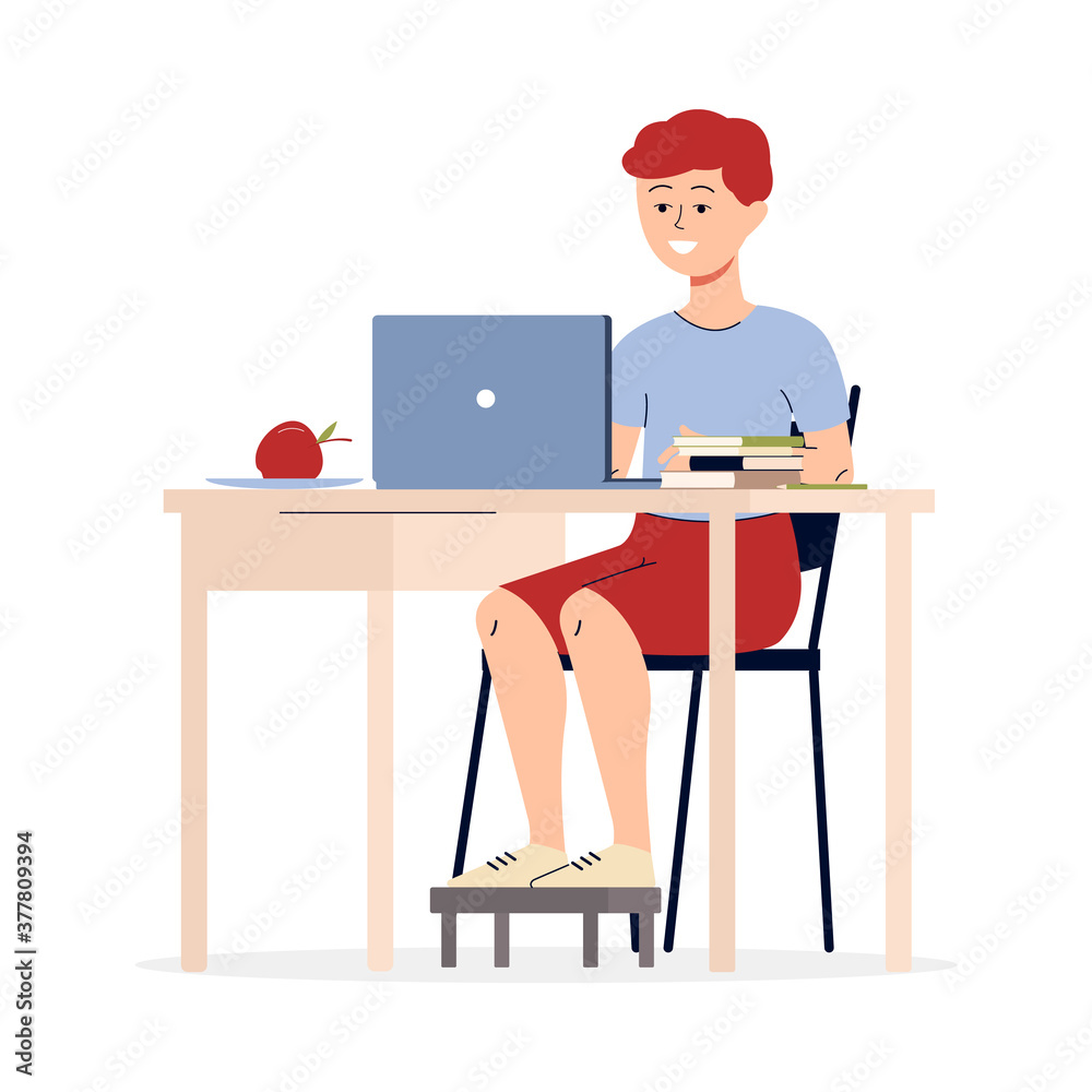 Boy teenager character studying with laptop flat vector illustration isolated .