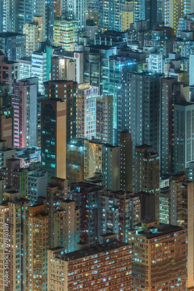 Obraz premium Night scene of aerial view of Hong Kong City