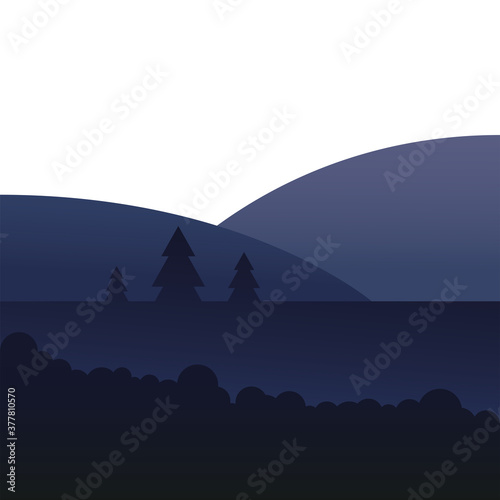 pine trees and shrubs in front of mountain landscape vector design