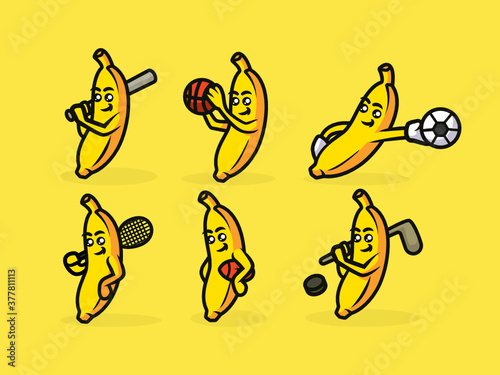 Set of cute sport banana mascot design illustration