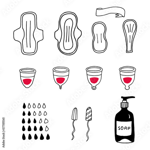 Feminine hygiene products for menstruation, doodle set. Sanitary pads, menstrual cups and tampons isolated icons.