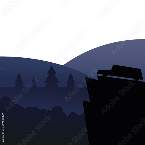 silhouette car on mountain in front of landscape vector design