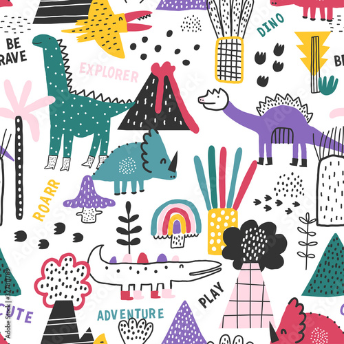 Fototapeta Naklejka Na Ścianę i Meble -  Childish seamless pattern with bright colorful dinosaurs, plants and volcano. Creative childish texture for fabric, wrapping, textile, wallpaper, apparel. Vector illustration.