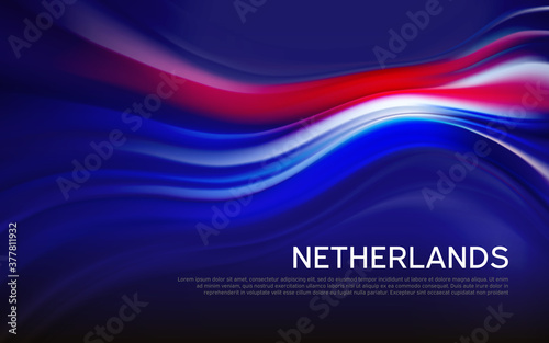 Netherlands flag background. Blurred pattern of light lines in the colors of the Dutch flag, business brochure. State banner, dutch poster, patriotic cover, flyer. Vector tricolor design
