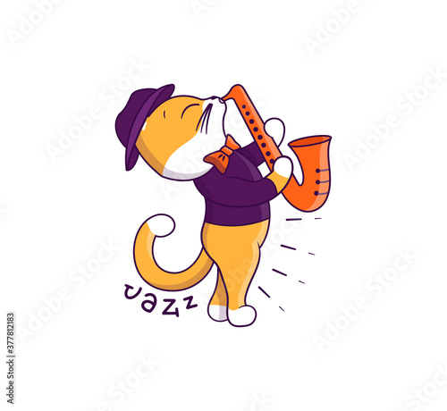 The funny cat in retro style playing saxophone.