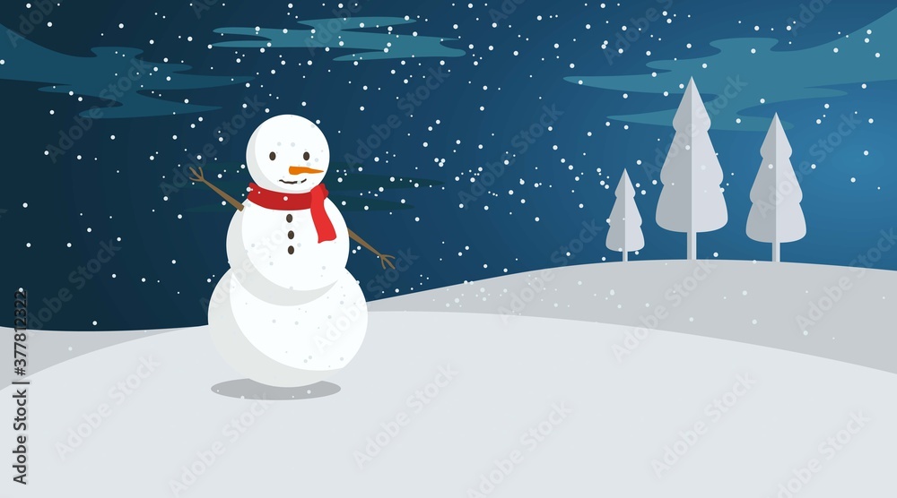 Fototapeta premium Snowman at Night in Winter with Blue Sky