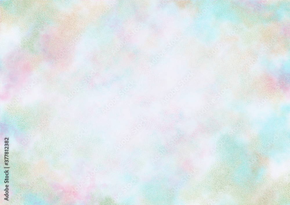 金箔を散りばめた雲模様　水彩風の幻想的な背景素材（青緑色・ピンク・紫色）横