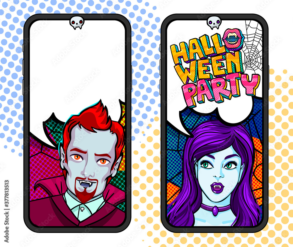 Halloween illustration. Vampires and witch. Vector illustration
