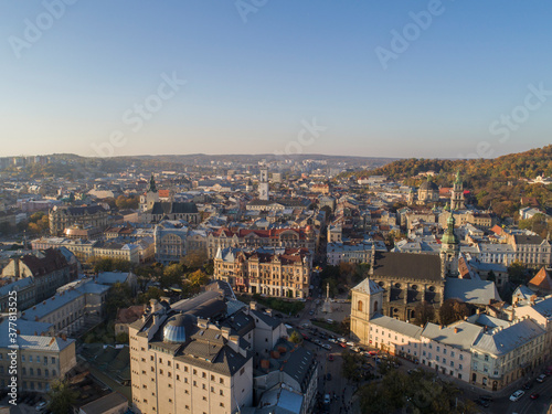 Architecture of Lviv. The old part of town. Evening autumn panorama with aerial view