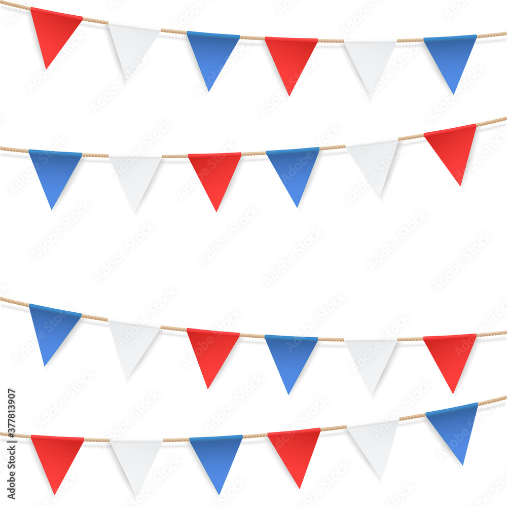 Set of patriotic bunting flags. U.S. Flag Garland. Design elements for celebration in USA and presidential election. Straight garland with flags. Vector illustration. Set of patriotic bunting flags. U.S. Flag Garland. Design elements for celebration in USA and presidential election. Straight garland with flags. Vector illustration.