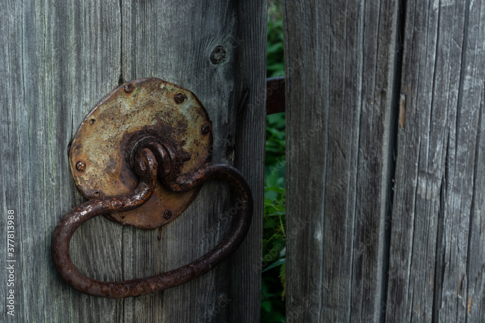 old rusty handle in the form of a ring on the grey gate