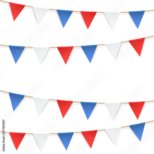 Set of patriotic bunting flags. U.S. Flag Garland. Design elements for celebration in USA and presidential election. Straight garland with flags. Vector illustration.