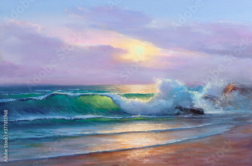 Fototapeta Naklejka Na Ścianę i Meble -  Sea wave on the beach at sunset time, sun rays, painting by oil on canvas.