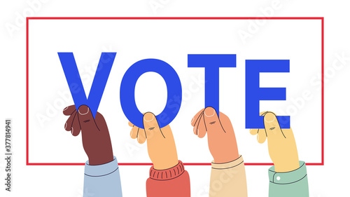 Human hands keep letters, word Vote. Text appeal for voters. Election of the President or Government, polling day in USA