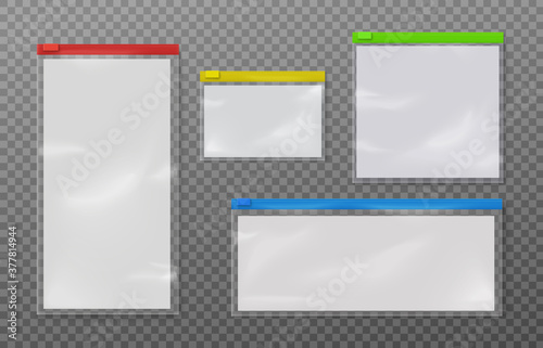 Plastic zipper bags template, realistic vector illustration isolated transparent