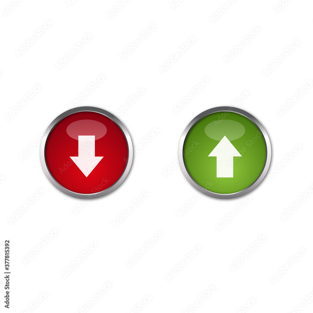 modern up & Down glossy icons, red, green set of design buttons isolated on white. Up and down Glossy Button Design set. Vector illustration modern up & Down glossy icons, red, green set of design buttons isolated on white. Up and down Glossy Button Design set. Vector illustration