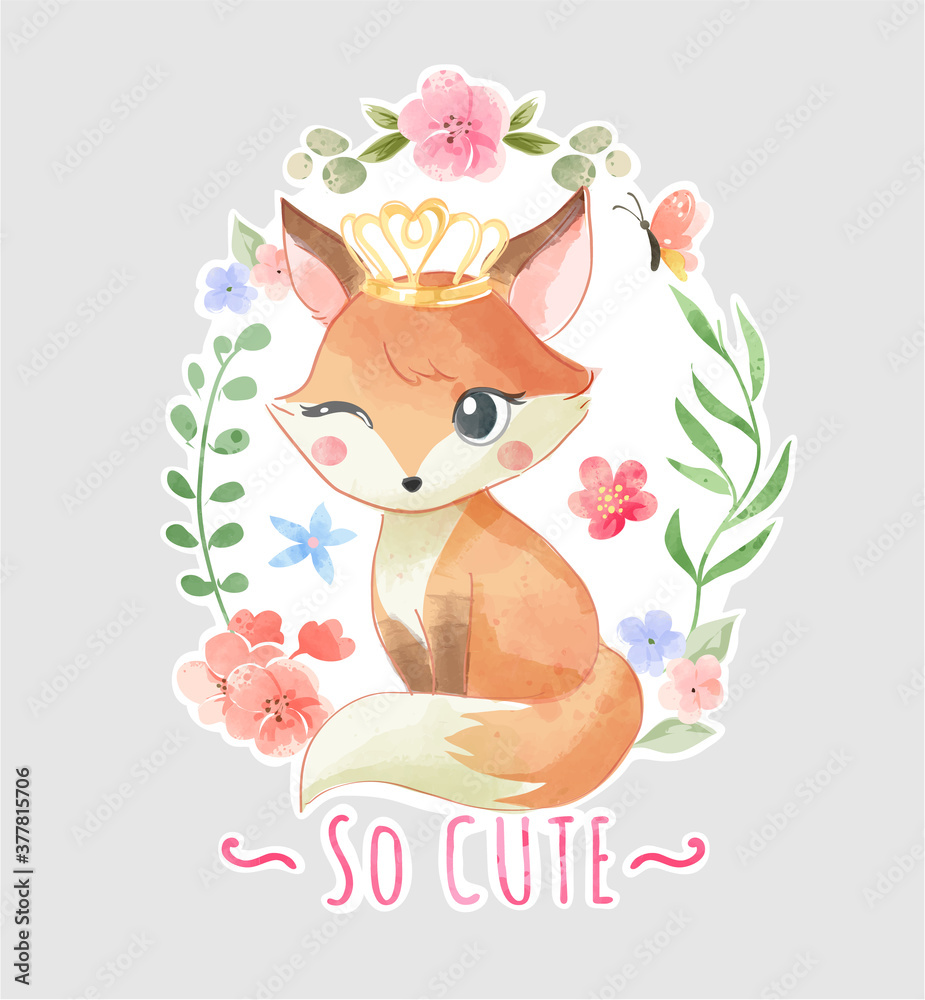 Plakat Cute Fox with Crown in Floral Frame Illustration