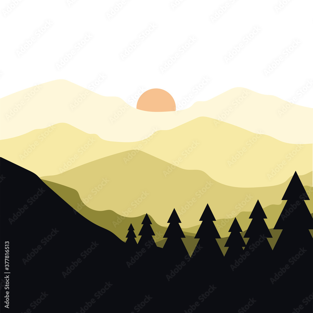 pine trees and sun over mountain landscape vector design