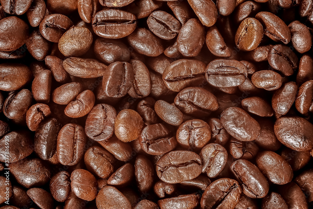 Fototapeta premium Close up roasted coffee beans top view or Coffee beans background