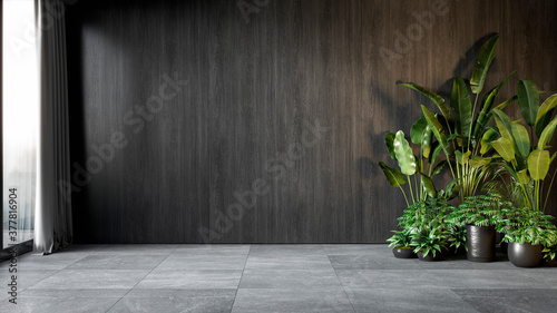 Black interior with wood wall panel and plants. 3d render illustration mock up.